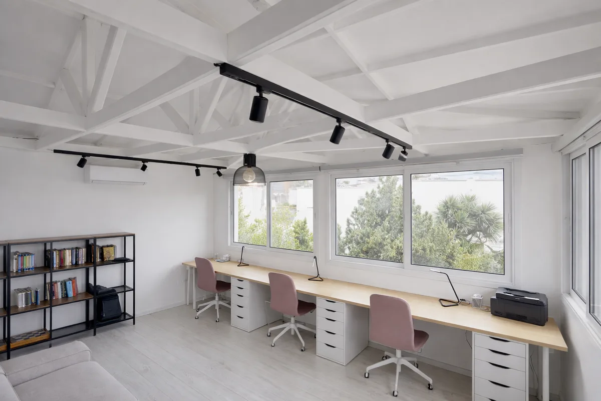 Modern home office with sea view at Oroklini Beach House, Cyprus — ideal for remote work