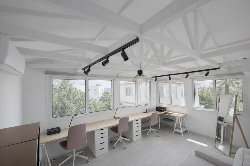 beachhouse cyprus modern home office sea view bright workspace interior